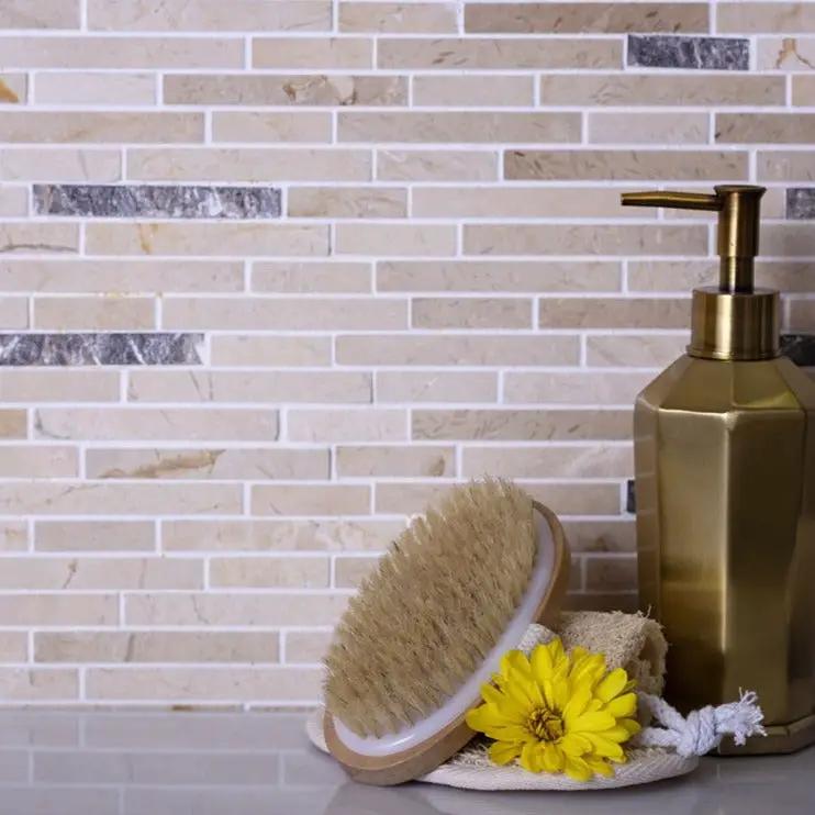 Beige 12x12 Polished Split Face Brick Crema Marfil, Emperador Dark Marble Mosaic Tile (5 pack, 4.83 sq ft/case) by Apollo Tile