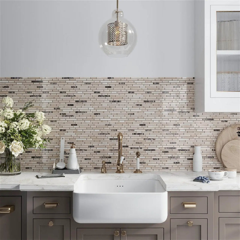 Beige 12x12 Polished Split Face Brick Crema Marfil, Emperador Dark Marble Mosaic Tile (5 pack, 4.83 sq ft/case) by Apollo Tile
