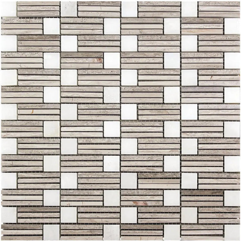Eastern White, Wooden Grey 12x12 Polished Brick Marble Mosaic Tile (5 pack, 5 sq ft/case) by Apollo Tile