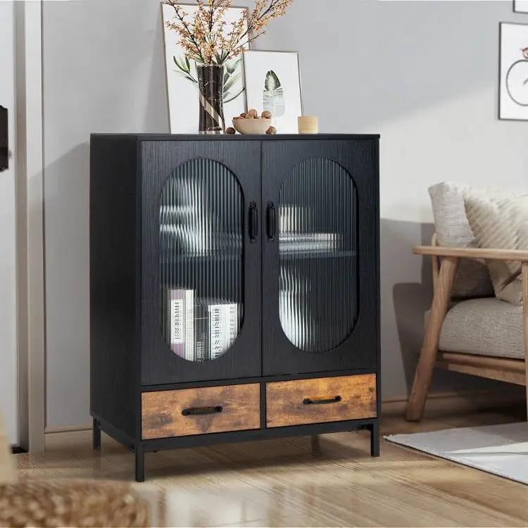 Modern Black Brown Metal Wood Sideboard Dining Buffet Cabinet with Glass Doors by HomePacific