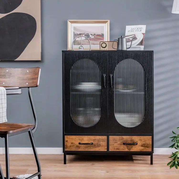 Modern Black Brown Metal Wood Sideboard Dining Buffet Cabinet with Glass Doors by HomePacific