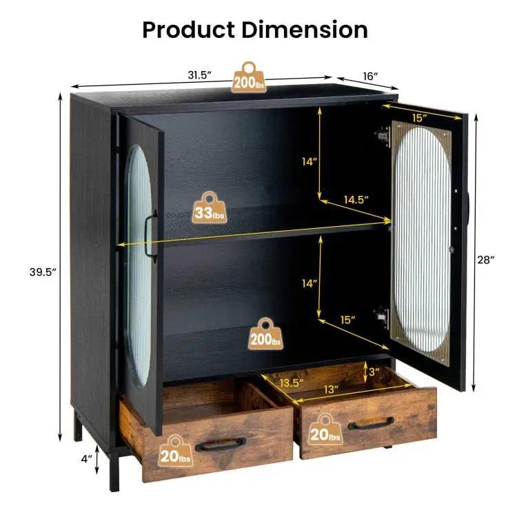 Modern Black Brown Metal Wood Sideboard Dining Buffet Cabinet with Glass Doors by HomePacific