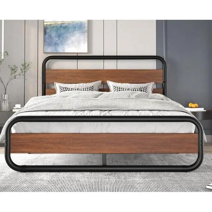 King size Heavy Duty Industrial Modern Metal Wood Platform Bed Frame with Headboard by HomePacific
