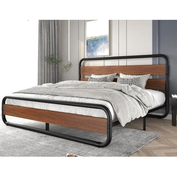 King size Heavy Duty Industrial Modern Metal Wood Platform Bed Frame with Headboard by HomePacific
