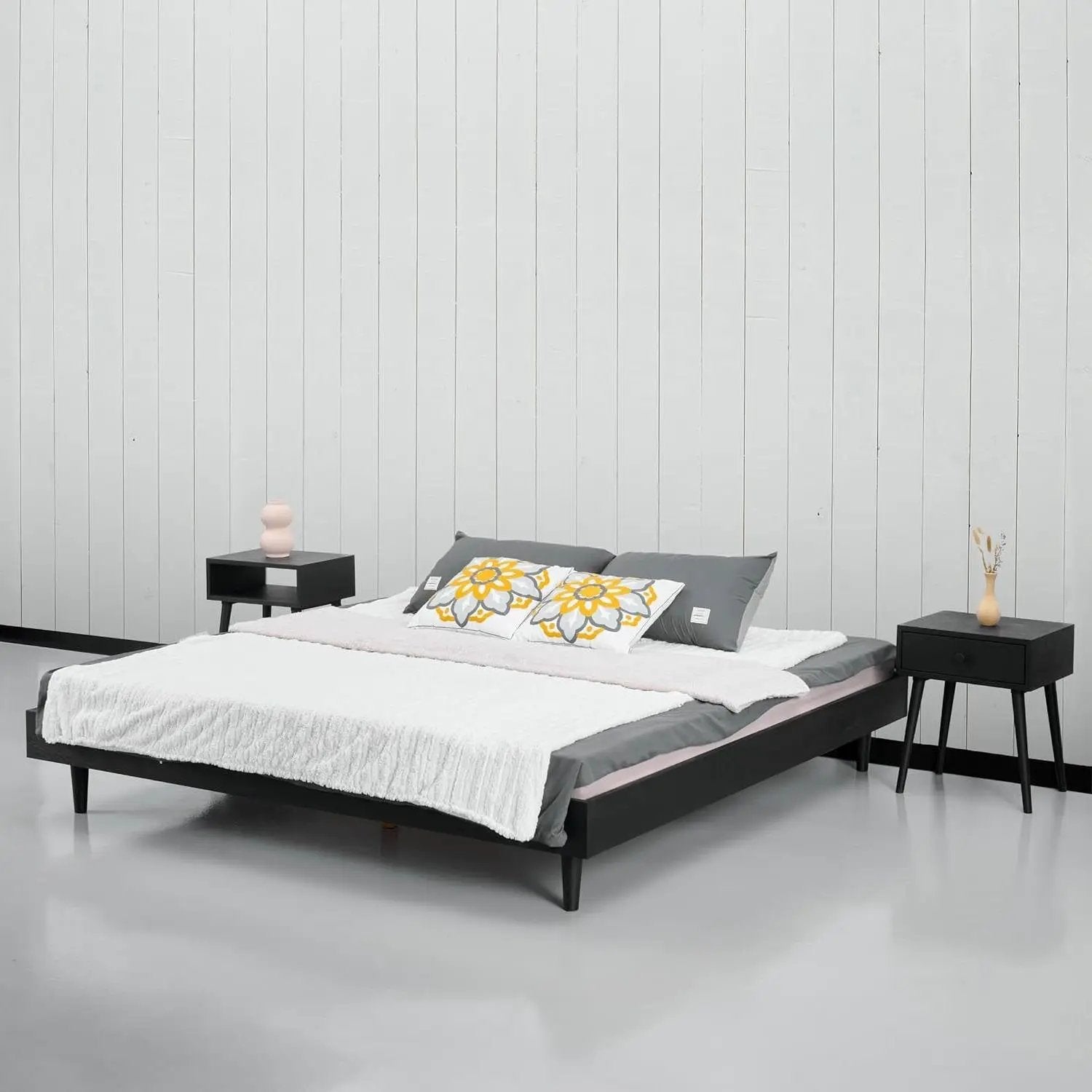 King size Mid-Century Modern Platform Bed Frame in Black Wood Finish by HomePacific