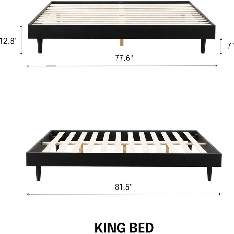 King size Mid-Century Modern Platform Bed Frame in Black Wood Finish by HomePacific