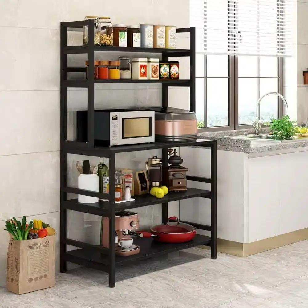 Black Metal Wood Freestanding Kitchen Shelf Bakers Rack Microwave Stand by HomePacific