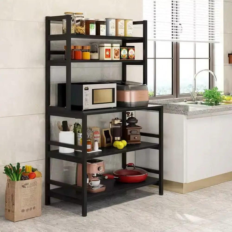 Black Metal Wood Freestanding Kitchen Shelf Bakers Rack Microwave Stand by HomePacific