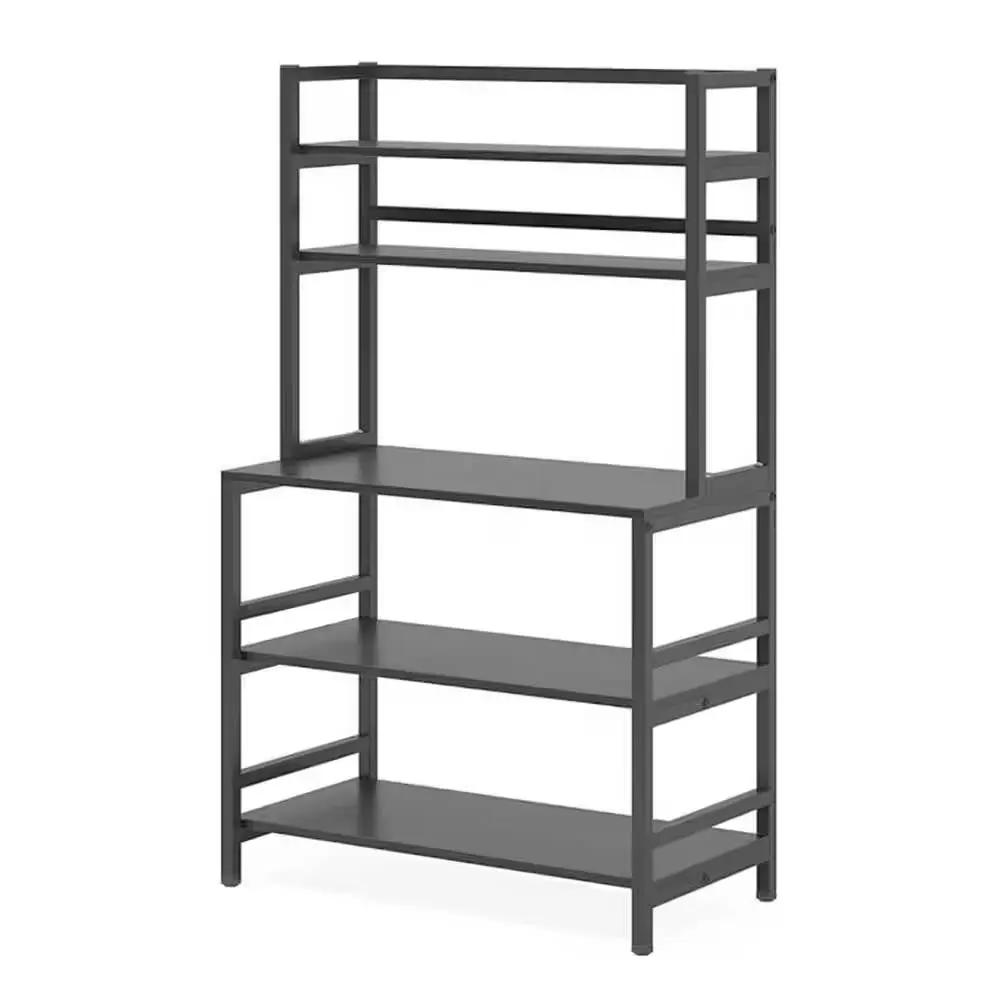 Black Metal Wood Freestanding Kitchen Shelf Bakers Rack Microwave Stand by HomePacific