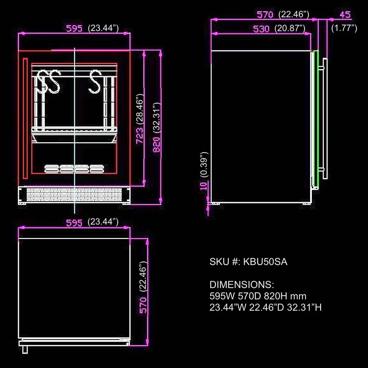 24″ Glass‑Door Meat Aging Fridge, dimensions drawing 2