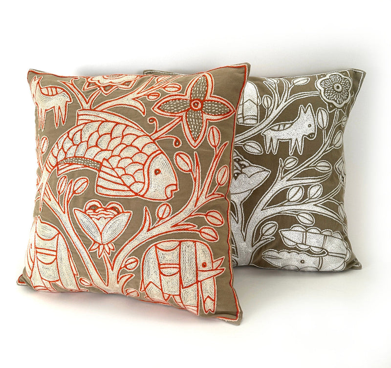 Beige, White + Orange Fish Hand Embroidered Pillow Cover, photo 3 of 3