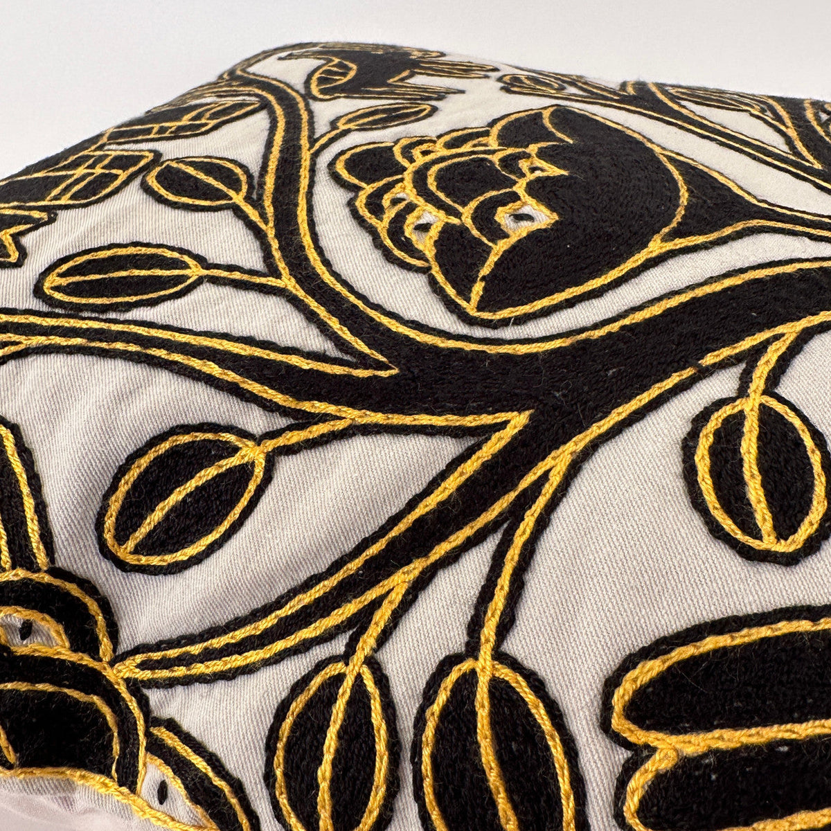 Ivory, Black + Gold Hand Embroidered Pillow Cover, detail