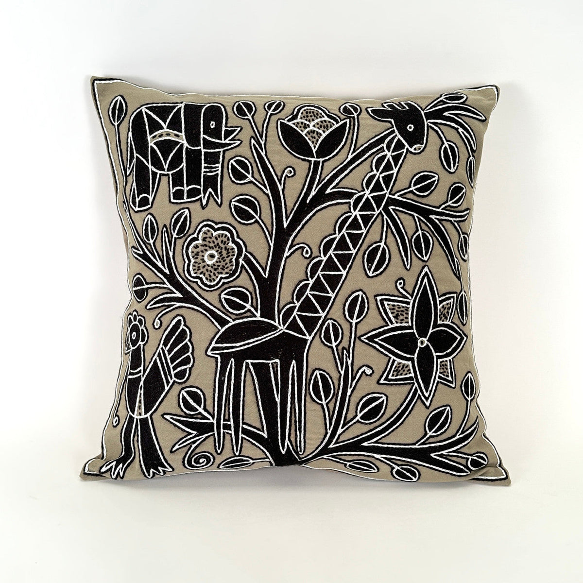 Beige and Black Giraffe Hand Embroidered Pillow Cover