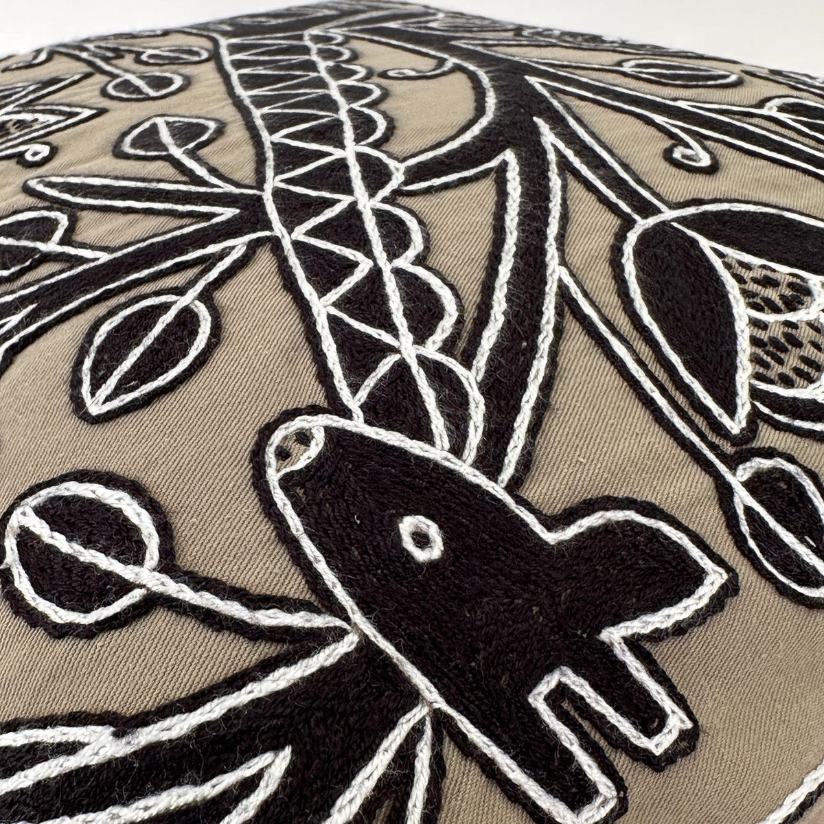 Beige and Black Giraffe Hand Embroidered Pillow Cover, detail