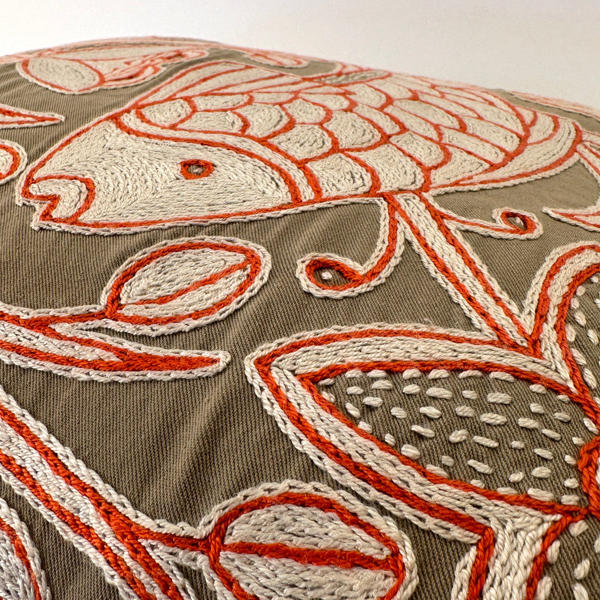 Beige, White + Orange Fish Hand Embroidered Pillow Cover, detail
