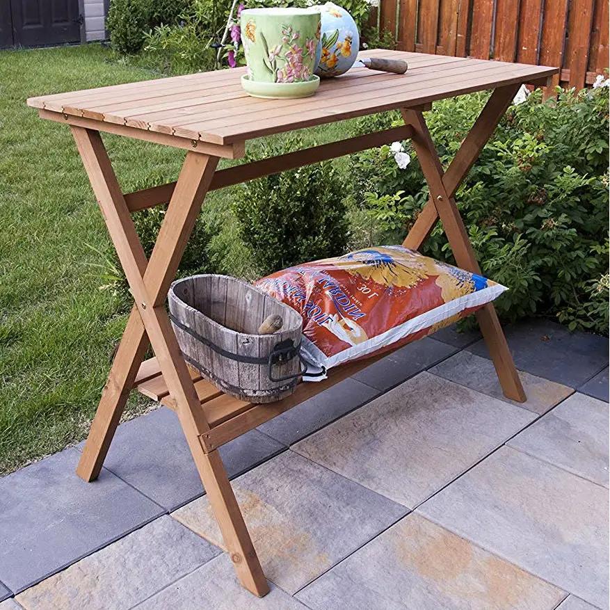 Indoor Outdoor Wood Potting Bench Garden Table with Lower Shelf by HomePacific