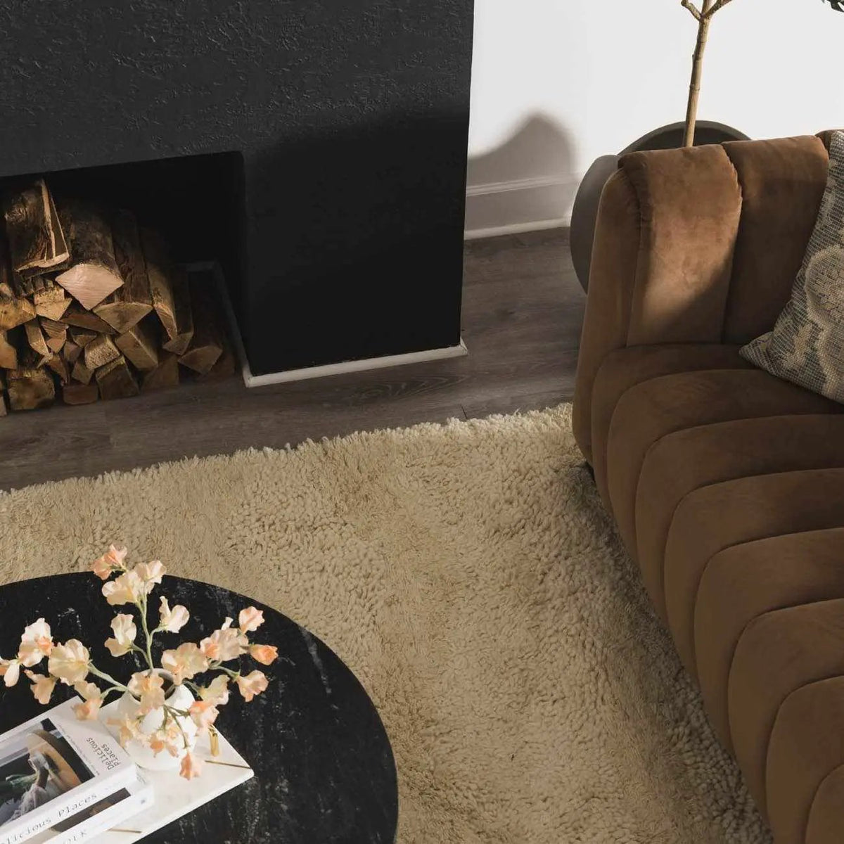 Kettering Solid Cream Wool Shag Rug, installed in a room 3