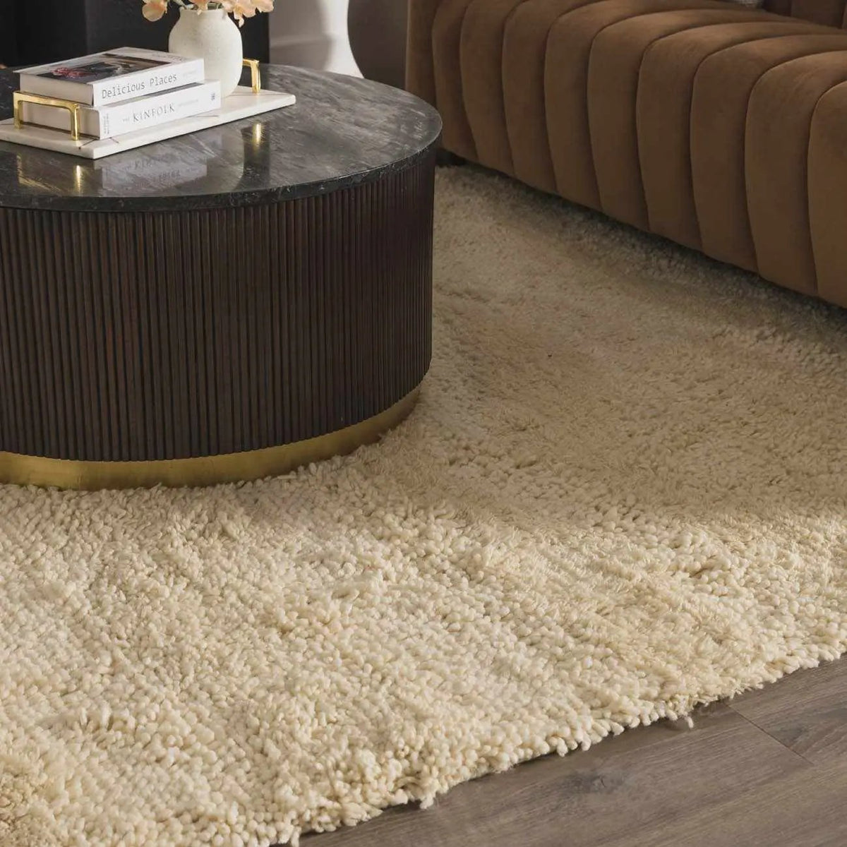 Kettering Solid Cream Wool Shag Rug, installed in a room 4