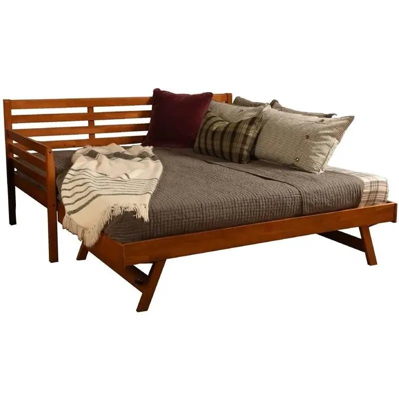 Solid Wood Day Bed Frame with Pull-out Pop Up Trundle Bed in Medium Brown by HomePacific
