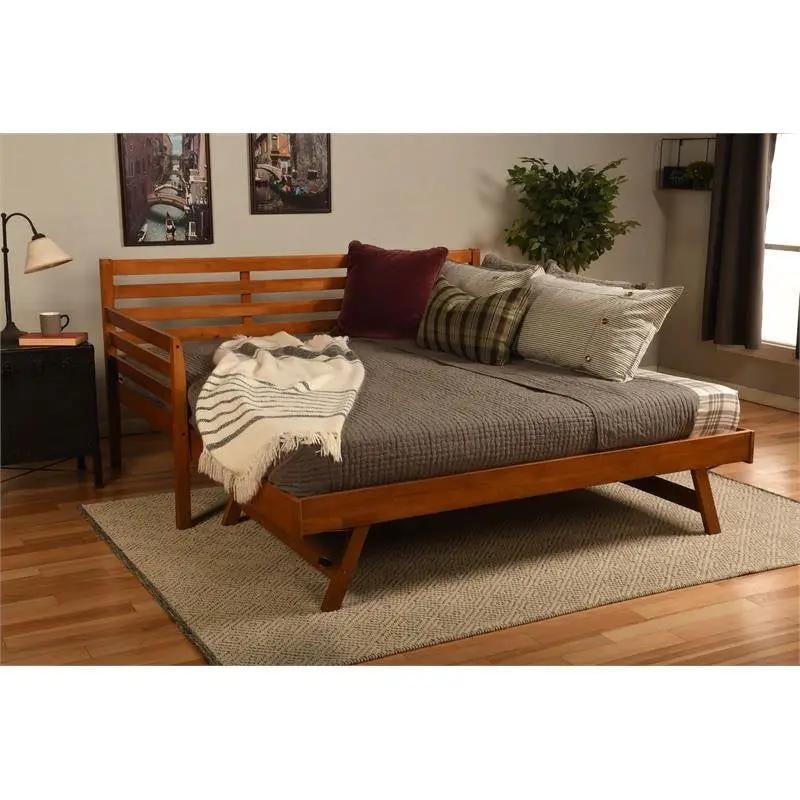 Solid Wood Day Bed Frame with Pull-out Pop Up Trundle Bed in Medium Brown by HomePacific