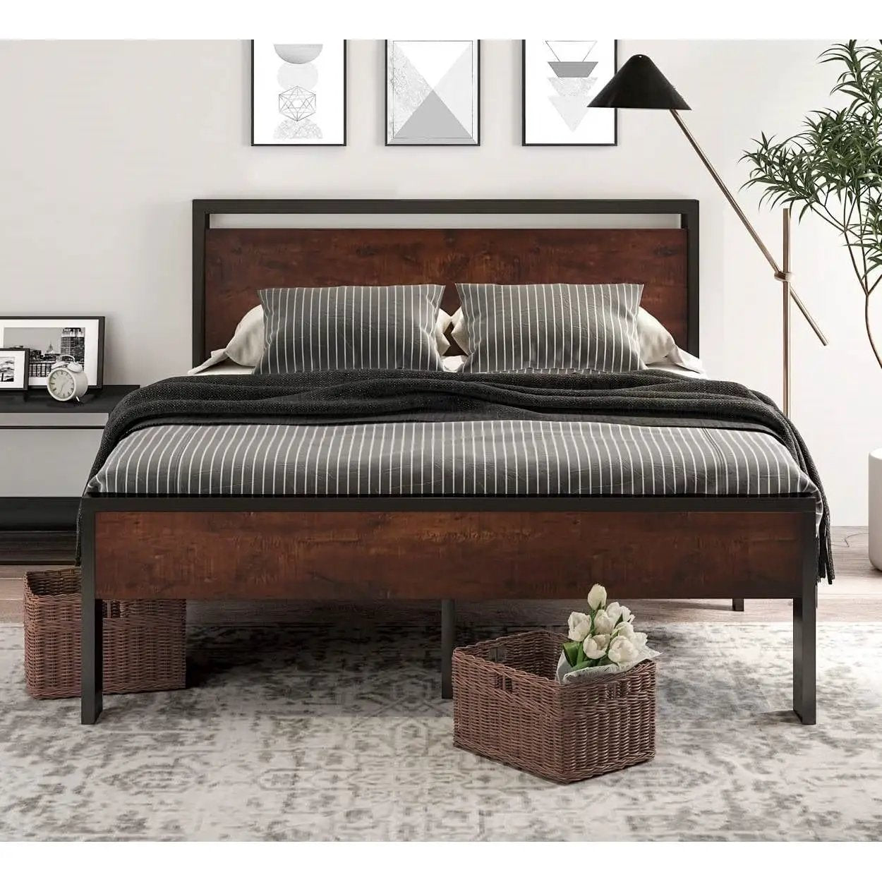 King Metal Platform Bed Frame with Mahogany Wood Panel Headboard Footboard by HomePacific