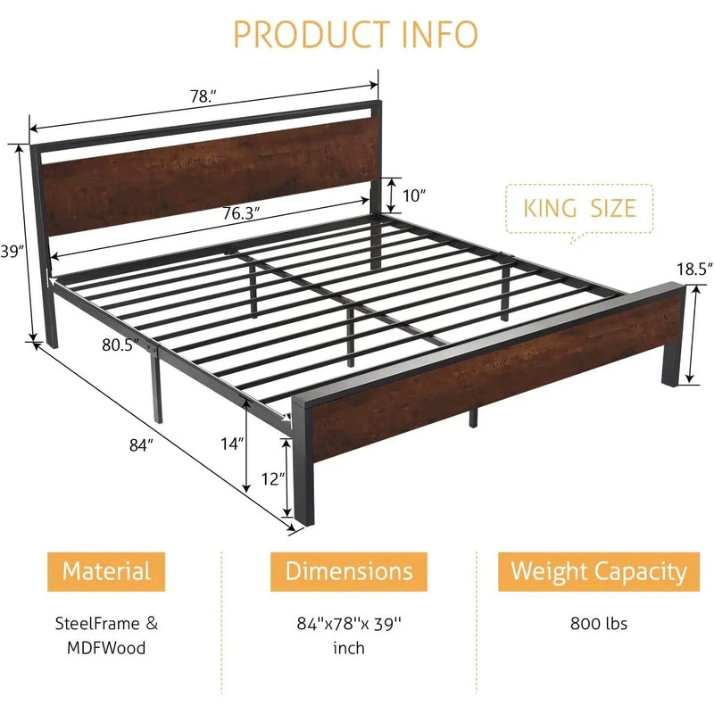 King Metal Platform Bed Frame with Mahogany Wood Panel Headboard Footboard by HomePacific