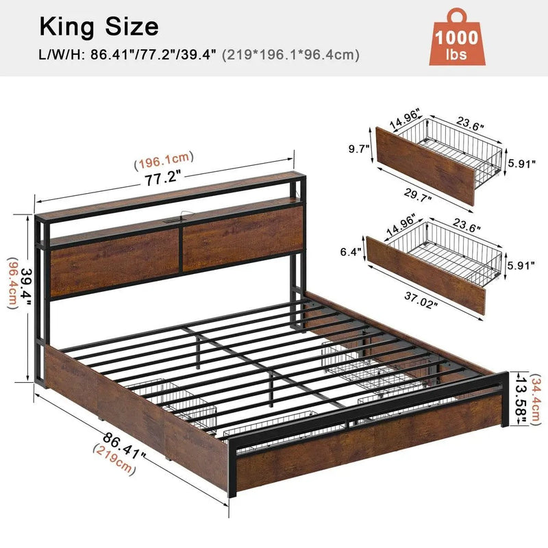 King size Platform Bed with Headboard and Storage Drawers in Brown Wood Finish by HomePacific