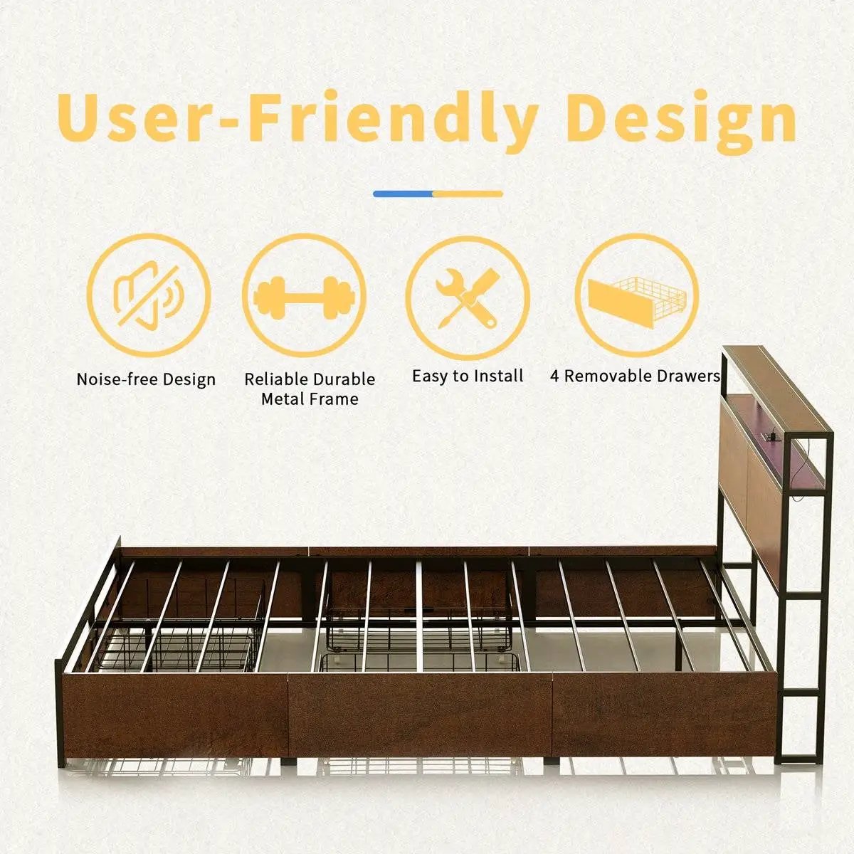 King size Platform Bed with Headboard and Storage Drawers in Brown Wood Finish by HomePacific