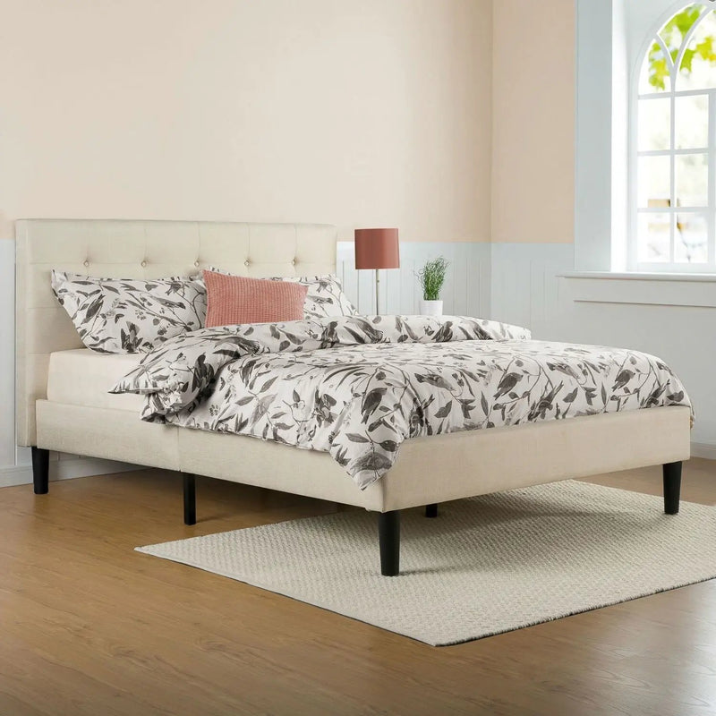 King size Taupe Beige Upholstered Platform Bed Frame with Headboard by HomePacific