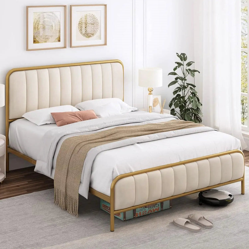 King size Gold Metal Platform Bed Frame with Off-White Upholstered Headboard by HomePacific