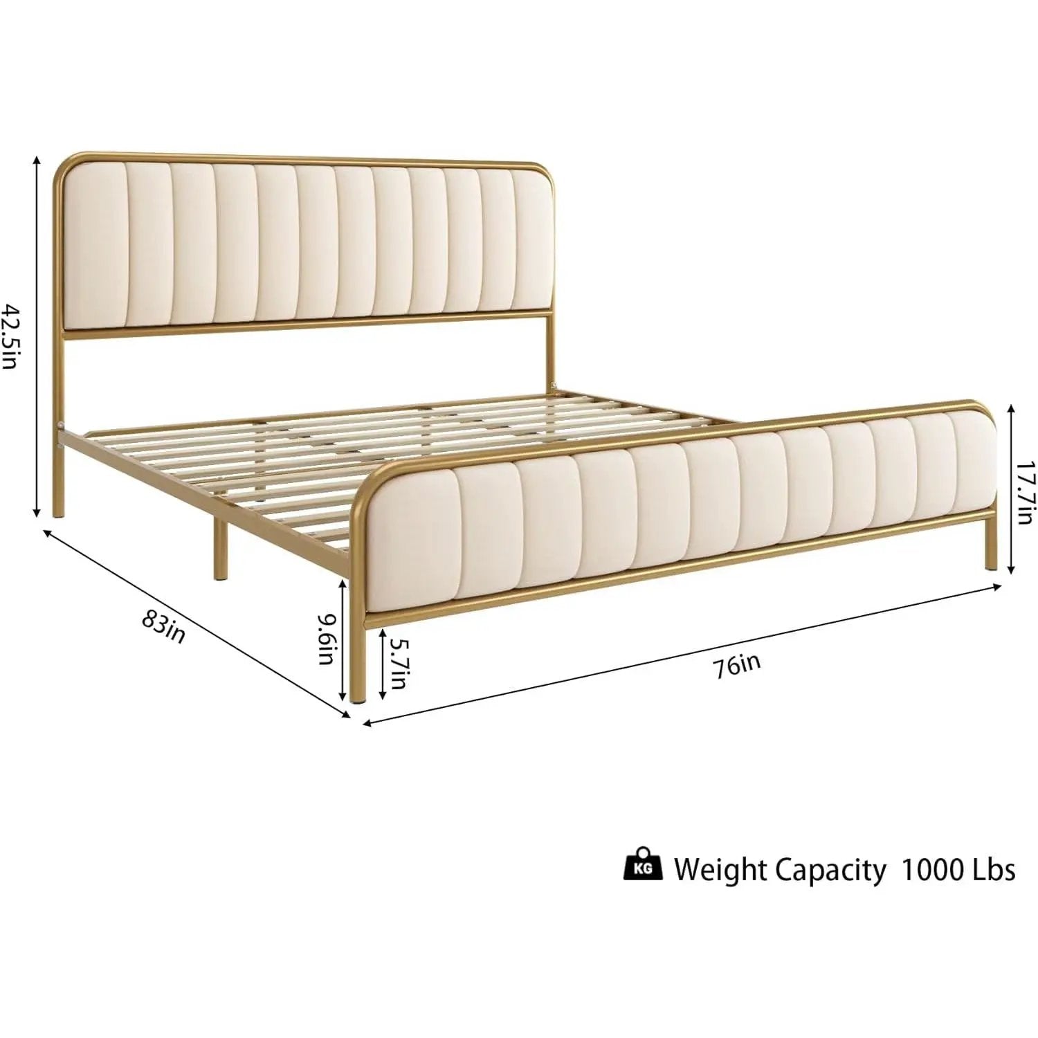 King size Gold Metal Platform Bed Frame with Off-White Upholstered Headboard by HomePacific