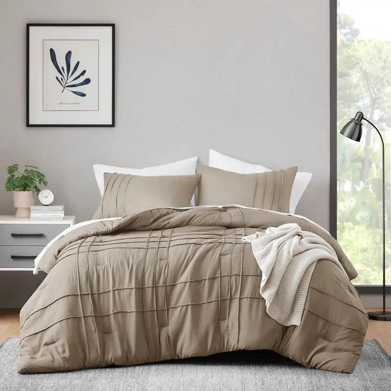 King size Microfiber Pleated Soft Lightweight Comforter Set Tan Khaki Taupe by HomePacific