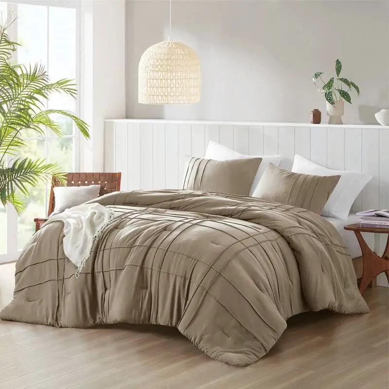 King size Microfiber Pleated Soft Lightweight Comforter Set Tan Khaki Taupe by HomePacific