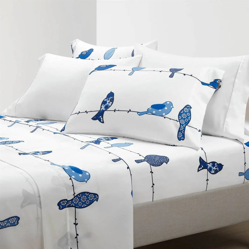 King size Blue White Floral Birds on Wire Soft Polyester 6 Piece Sheet Set by HomePacific