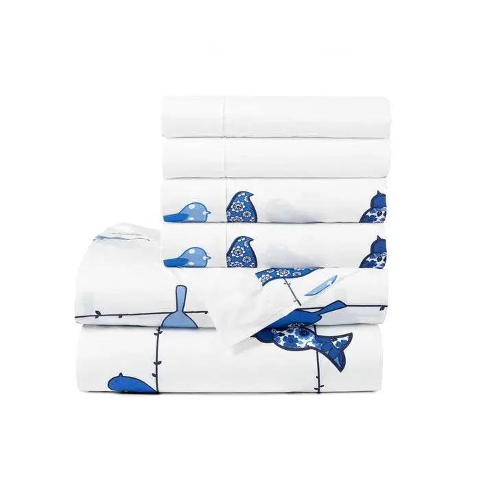King size Blue White Floral Birds on Wire Soft Polyester 6 Piece Sheet Set by HomePacific