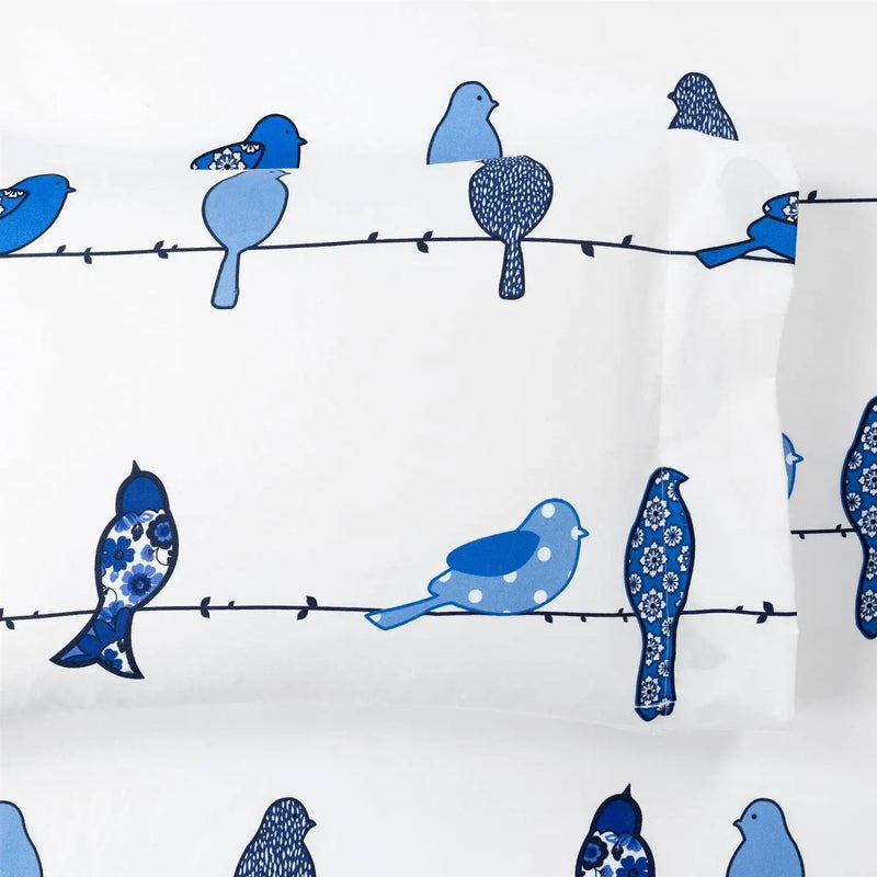 King size Blue White Floral Birds on Wire Soft Polyester 6 Piece Sheet Set by HomePacific