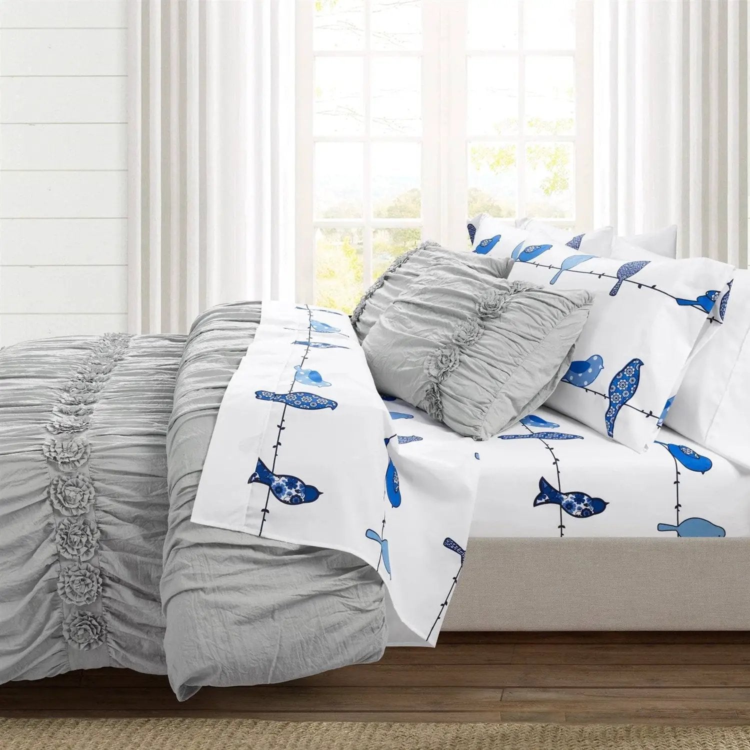 King size Blue White Floral Birds on Wire Soft Polyester 6 Piece Sheet Set by HomePacific