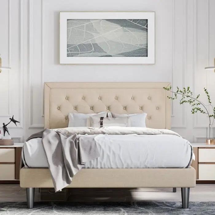 King Adjustable Height Platform Bed Frame with Beige Upholstered Headboard by HomePacific