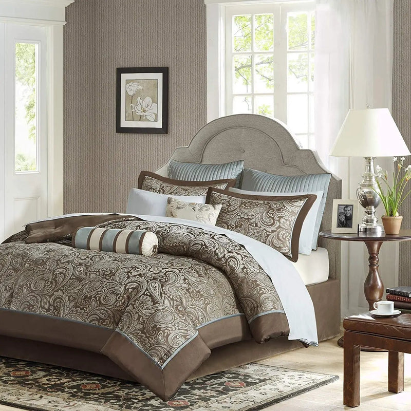 King 12 Piece Cotton Polyester Comforter Set Blue Paisley by HomePacific