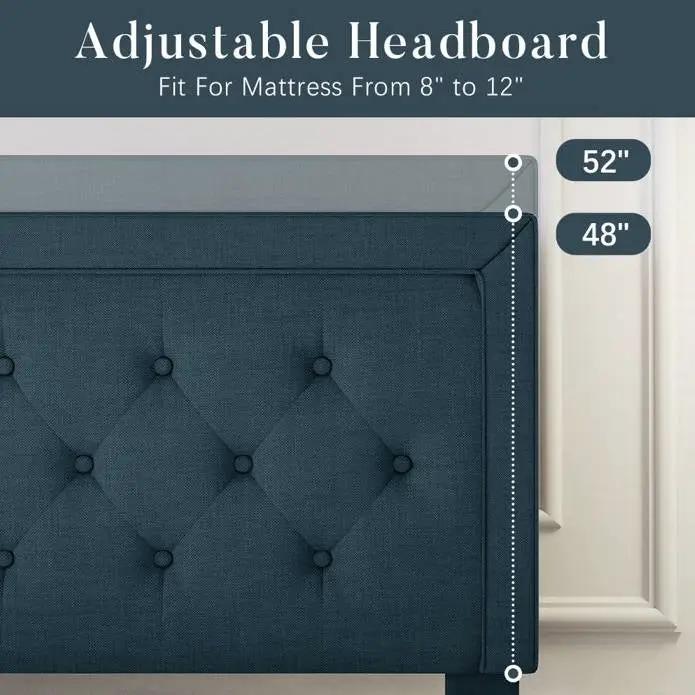 King Adjustable Height Platform Bed Frame with Blue Upholstered Headboard by HomePacific