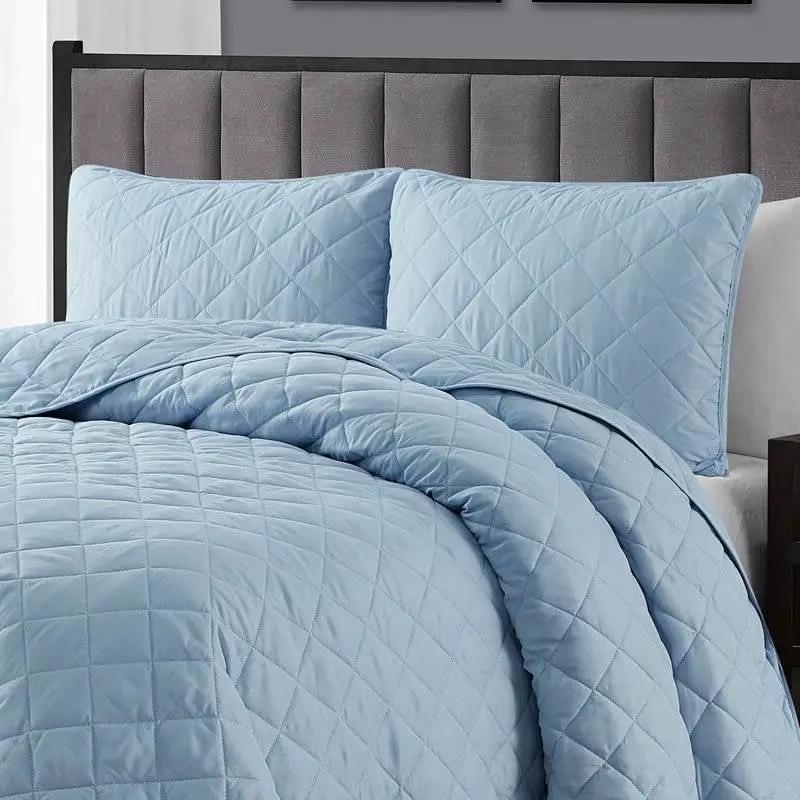 King/CAL King 3-Piece Light Blue Microfiber Reversible Diamond Quilt Set by HomePacific