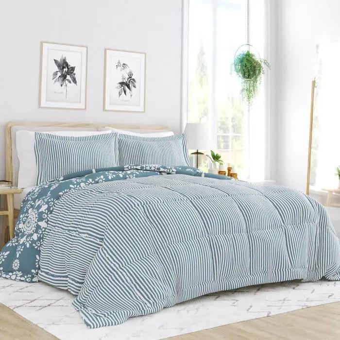 King size 3-Piece Blue and White Reversible Floral Striped Comforter Set by HomePacific