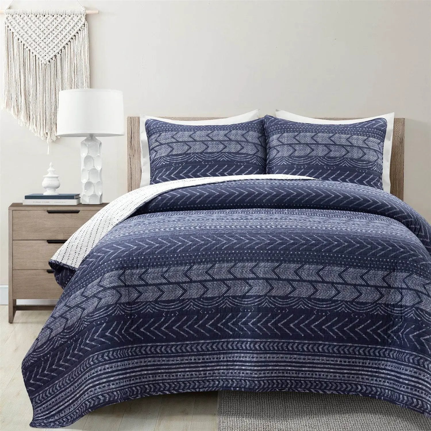 King size Scandinavian Chevron Navy Blue White Reversible Cotton Quilt Set by HomePacific