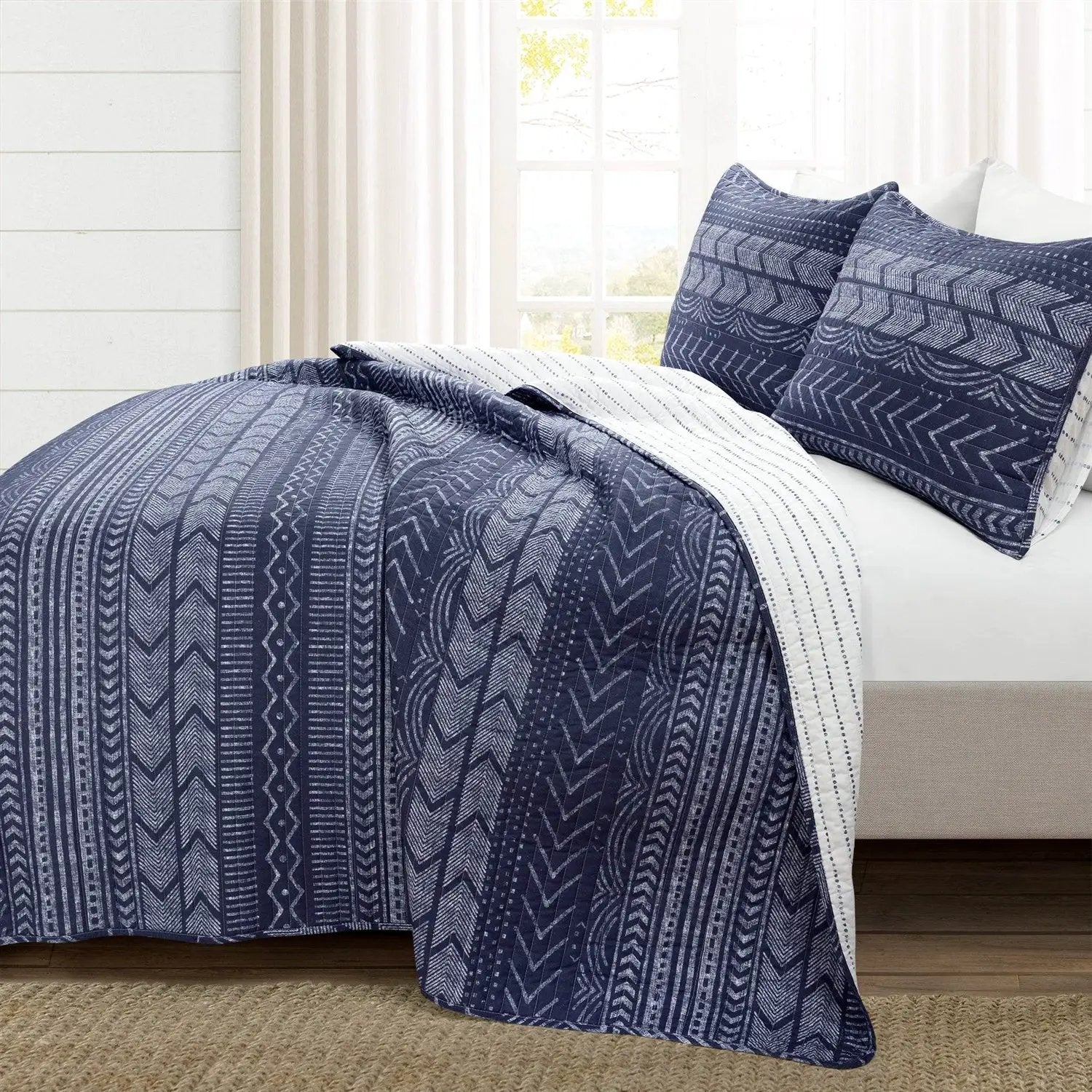 King size Scandinavian Chevron Navy Blue White Reversible Cotton Quilt Set by HomePacific