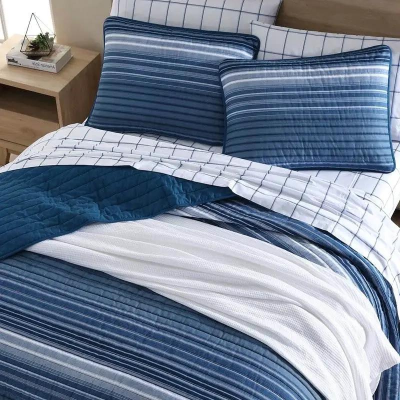 King Size Coastal Blue Stripe Reversible Cotton Quilt Set by HomePacific