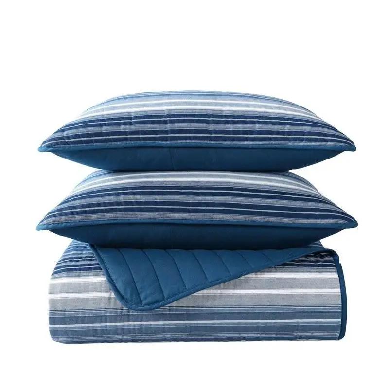 King Size Coastal Blue Stripe Reversible Cotton Quilt Set by HomePacific