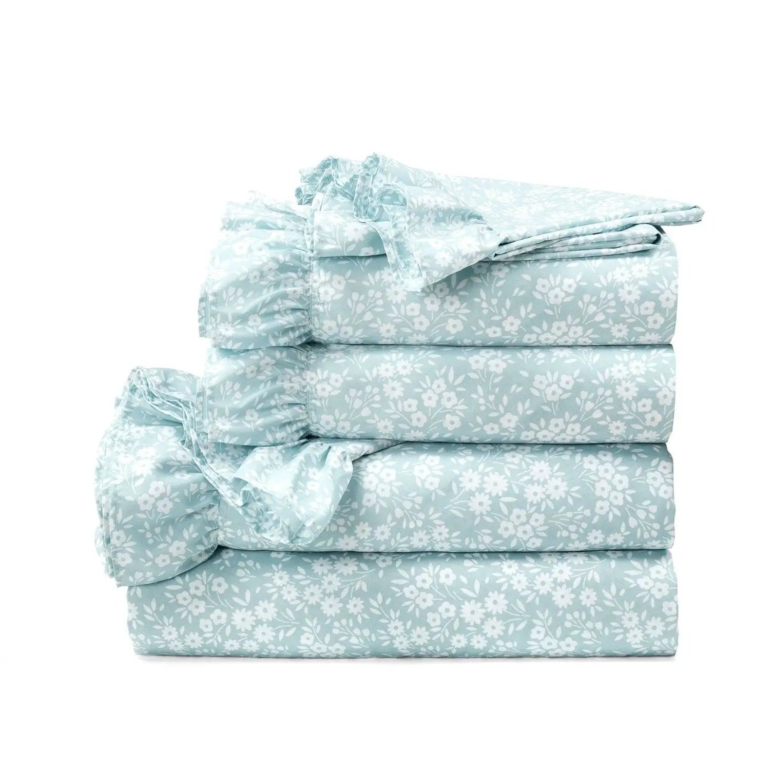 King Size Polyester Blue Ruffle Floral 6 Piece Sheet Set by HomePacific