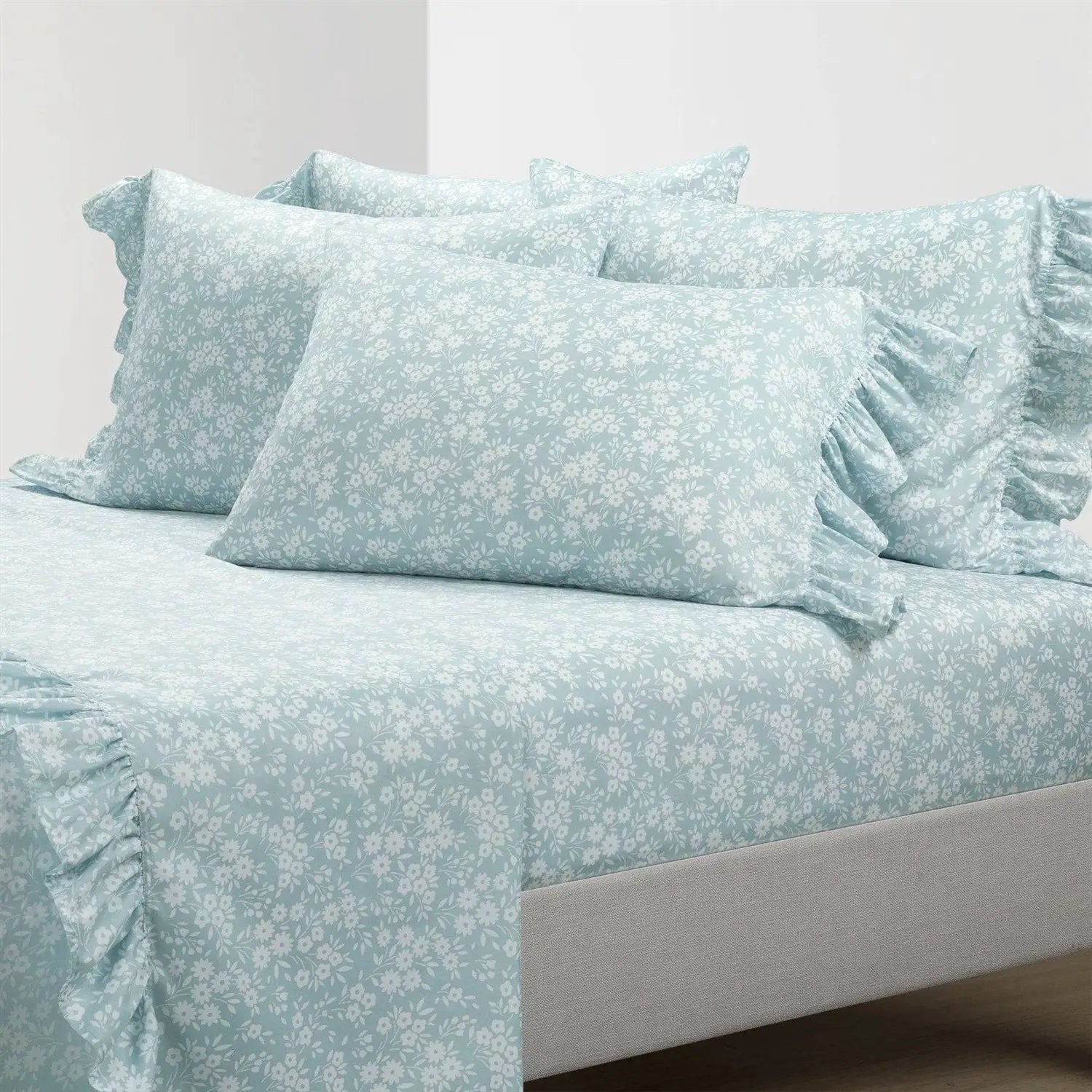 King Size Polyester Blue Ruffle Floral 6 Piece Sheet Set by HomePacific