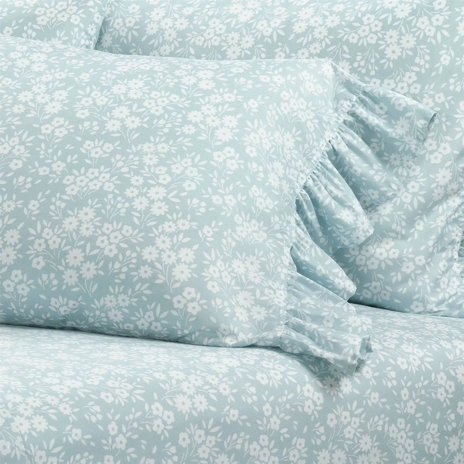 King Size Polyester Blue Ruffle Floral 6 Piece Sheet Set by HomePacific