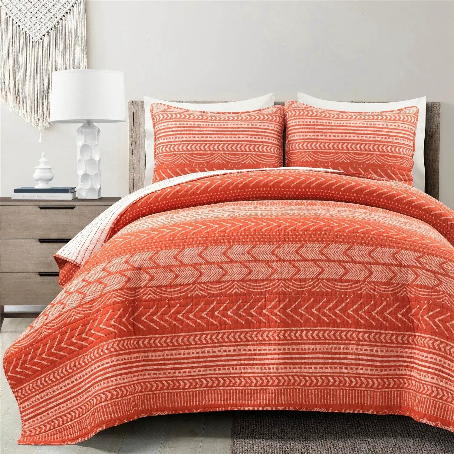 King size Scandinavian Chevron Orange White Stripe Reversible Cotton Quilt Set by HomePacific